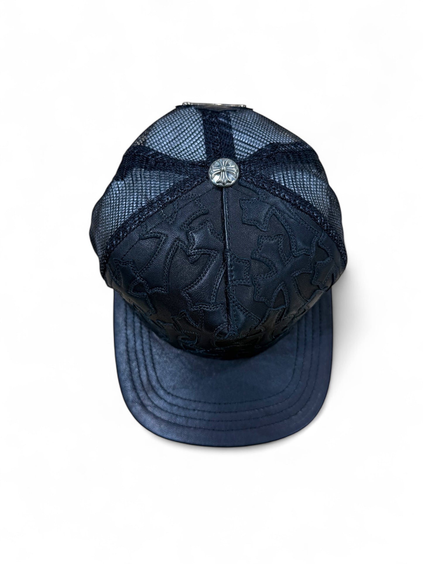 Chrome Hearts Cemetery cross leather stitched trucker hat