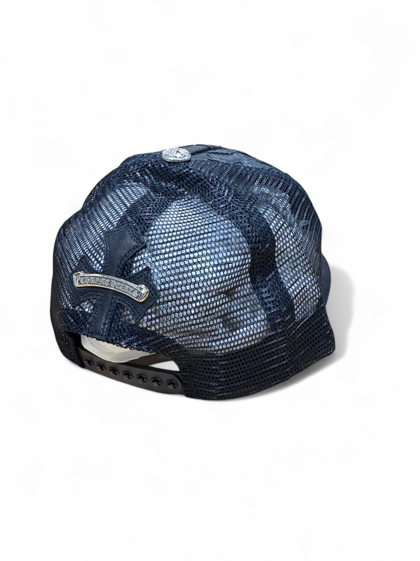 Chrome Hearts Cemetery cross leather stitched trucker hat