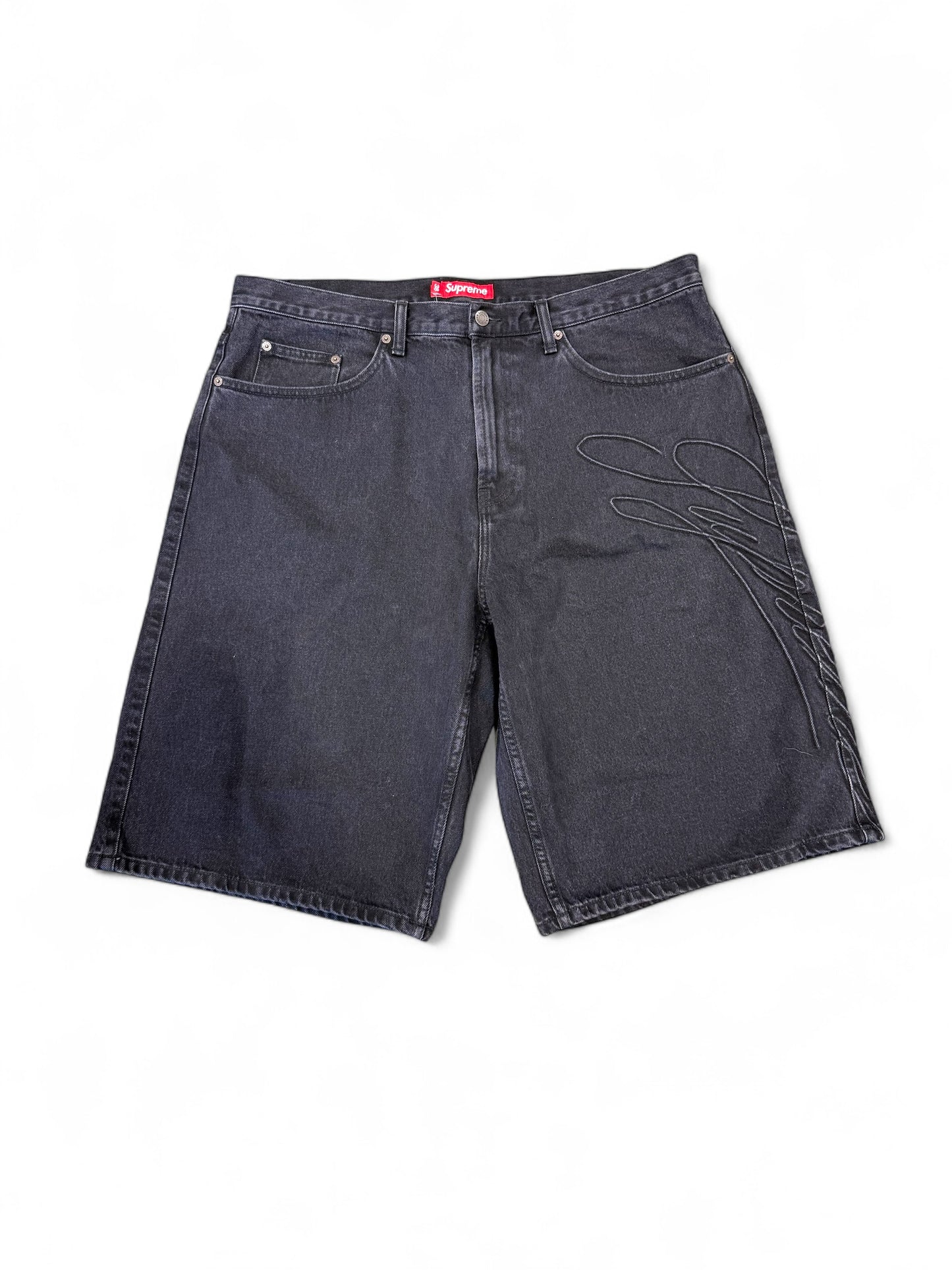 Supreme Script Baggy Denim Shorts (Washed black)
