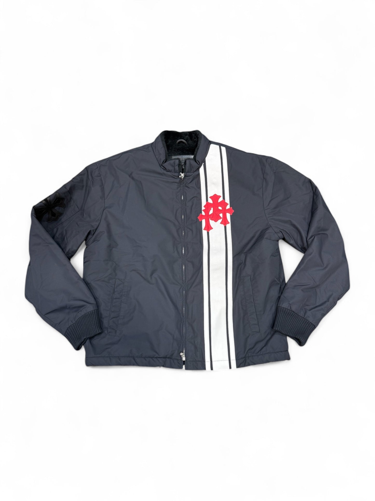Chrome Hearts Faux Fur Cemetery Cross Patch Racing Jacket