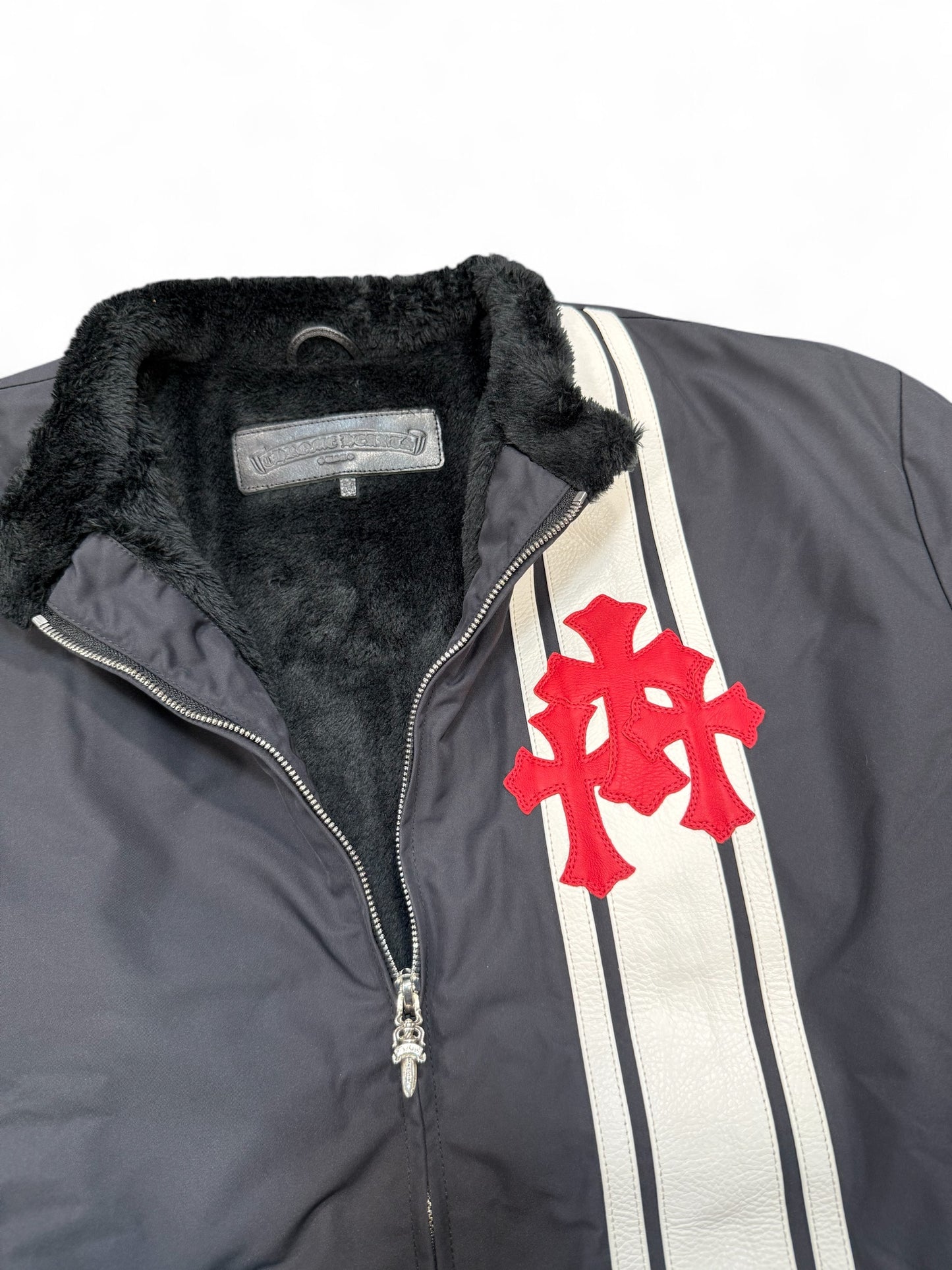Chrome Hearts Faux Fur Cemetery Cross Patch Racing Jacket