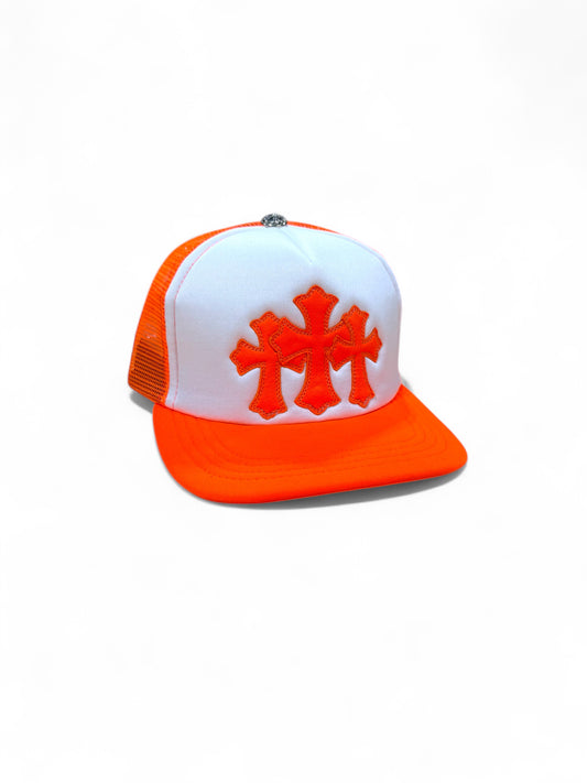 Chrome hearts Cemetery cross trucker hat (Neon Orange / White)