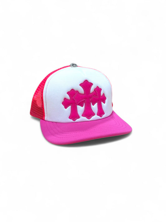 Chrome hearts Cemetery cross trucker hat (Neon pink / White)