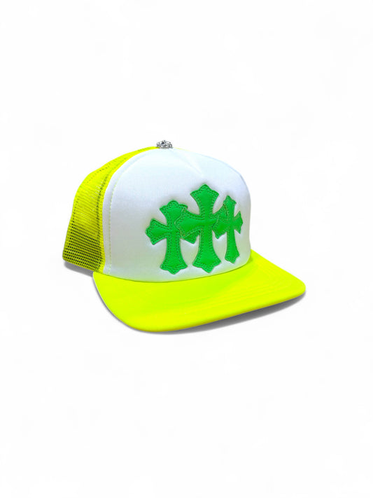 Chrome hearts Cemetery cross trucker hat (Neon yellow / White)