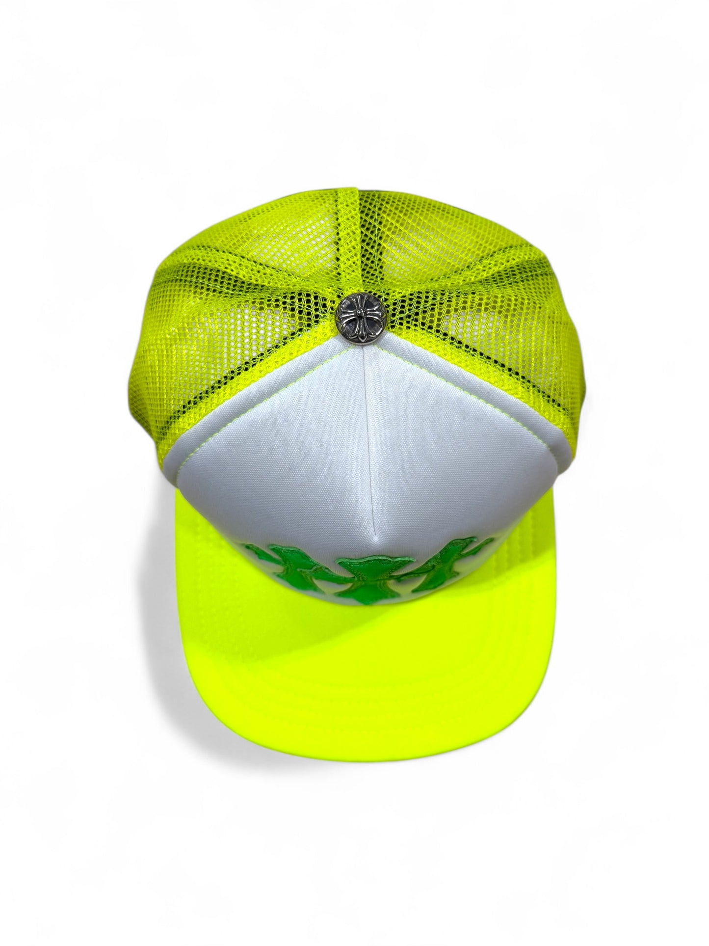 Chrome hearts Cemetery cross trucker hat (Neon yellow / White)
