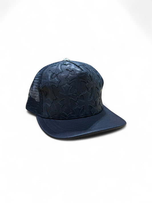Chrome Hearts Cemetery cross leather stitched trucker hat