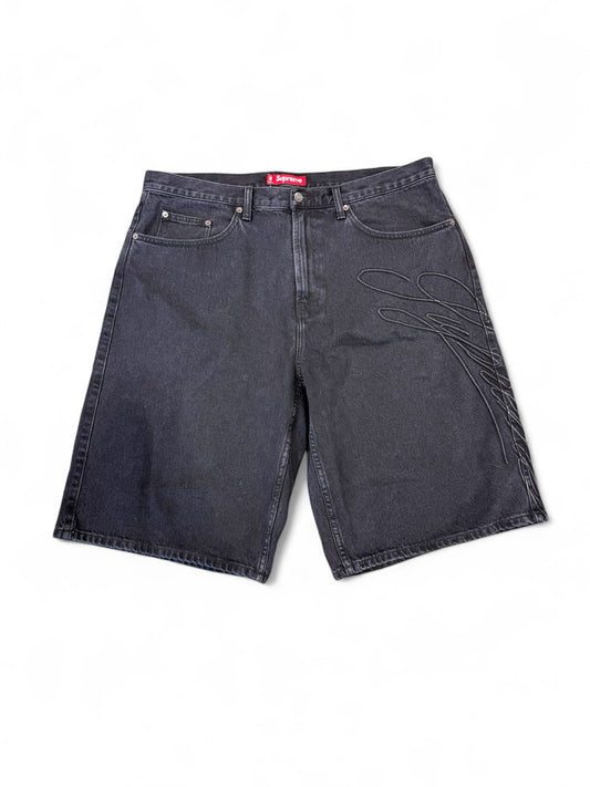 Supreme Script Baggy Denim Shorts (Washed black)