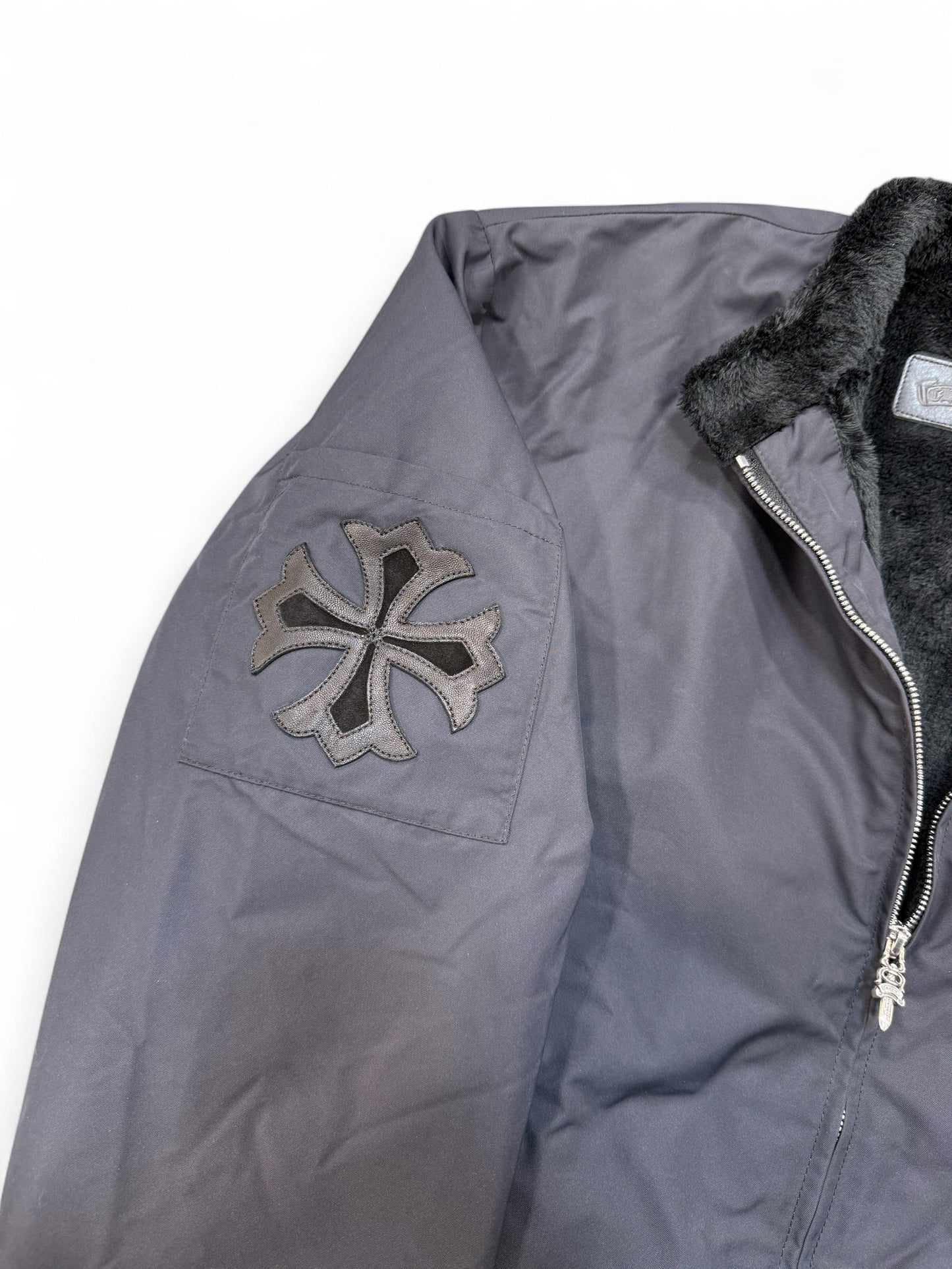 Chrome Hearts Faux Fur Cemetery Cross Patch Racing Jacket